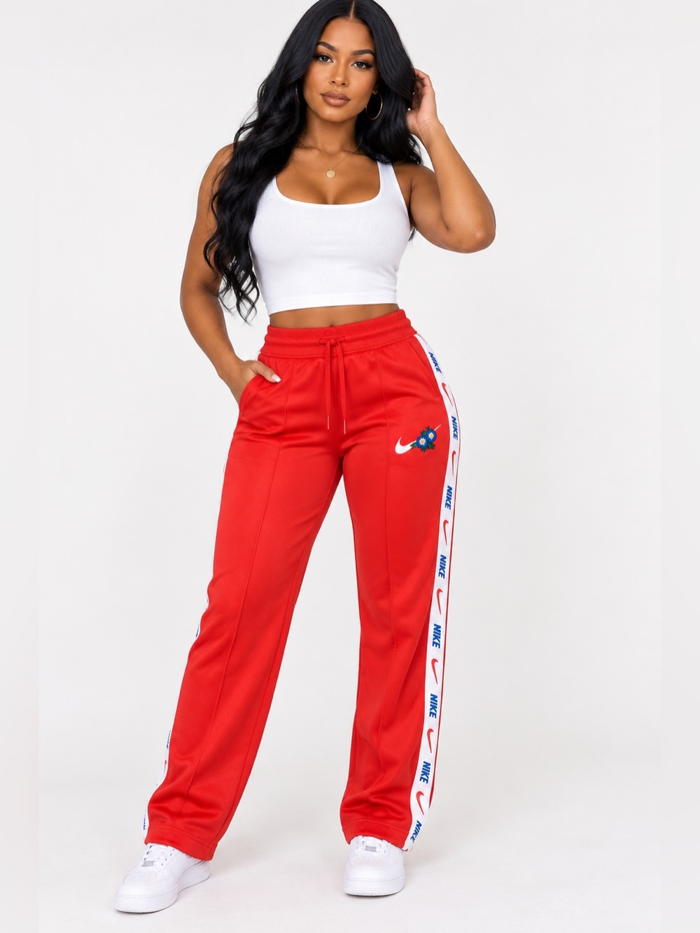 Nike Red Floral Swoosh Logo Tape Track Pants Drawstring Athletic
